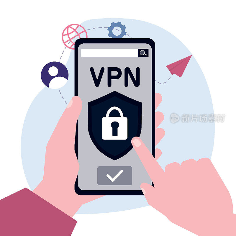 Person using VPN app to protect personal data. Hands holding phone with application for secure internet connection, data encryption. Security protocol